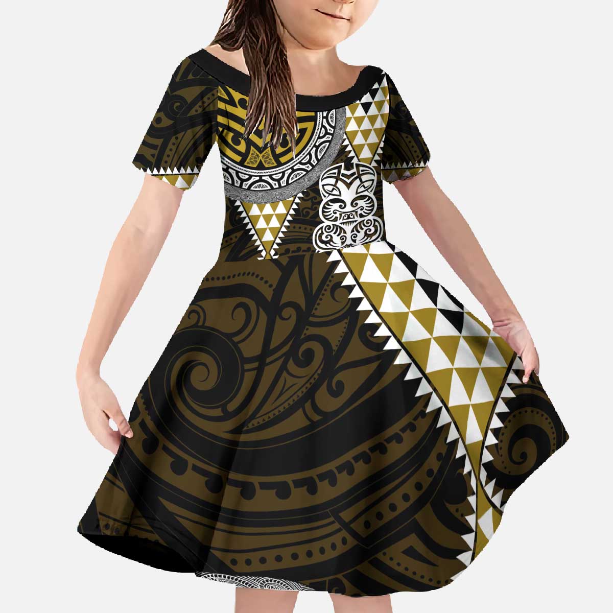 Yellow Aotearoa Niho Taniwha Family Matching Off The Shoulder Long Sleeve Dress and Hawaiian Shirt Maori Mythology Tooth - Taniko Motifs