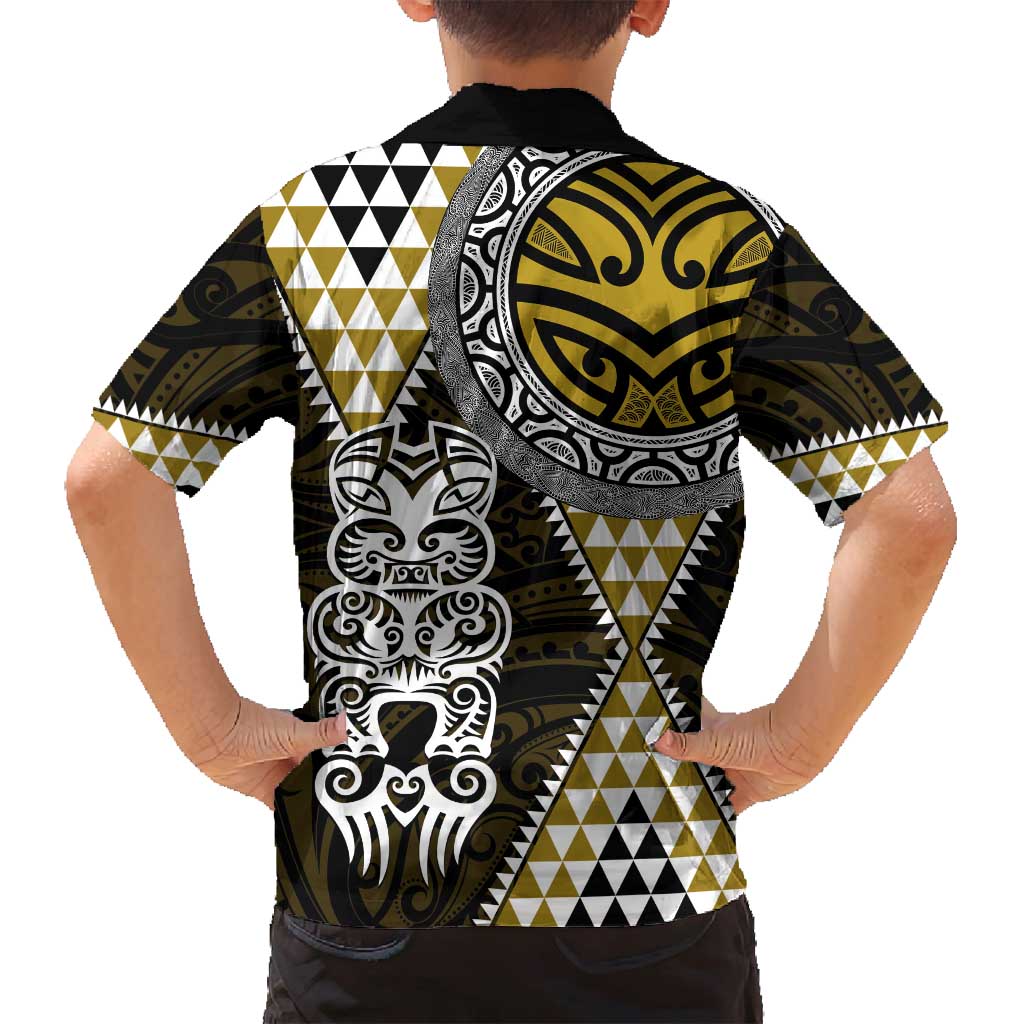 Yellow Aotearoa Niho Taniwha Family Matching Off Shoulder Short Dress and Hawaiian Shirt Maori Mythology Tooth - Taniko Motifs