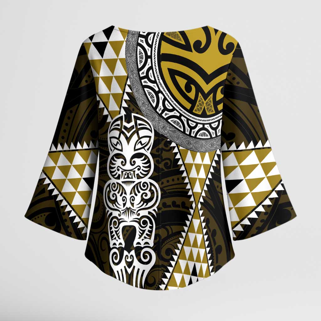 Yellow Aotearoa Niho Taniwha Kimono Sleeve Blouse Maori Mythology Tooth - Taniko Motifs - Polynesian Pride