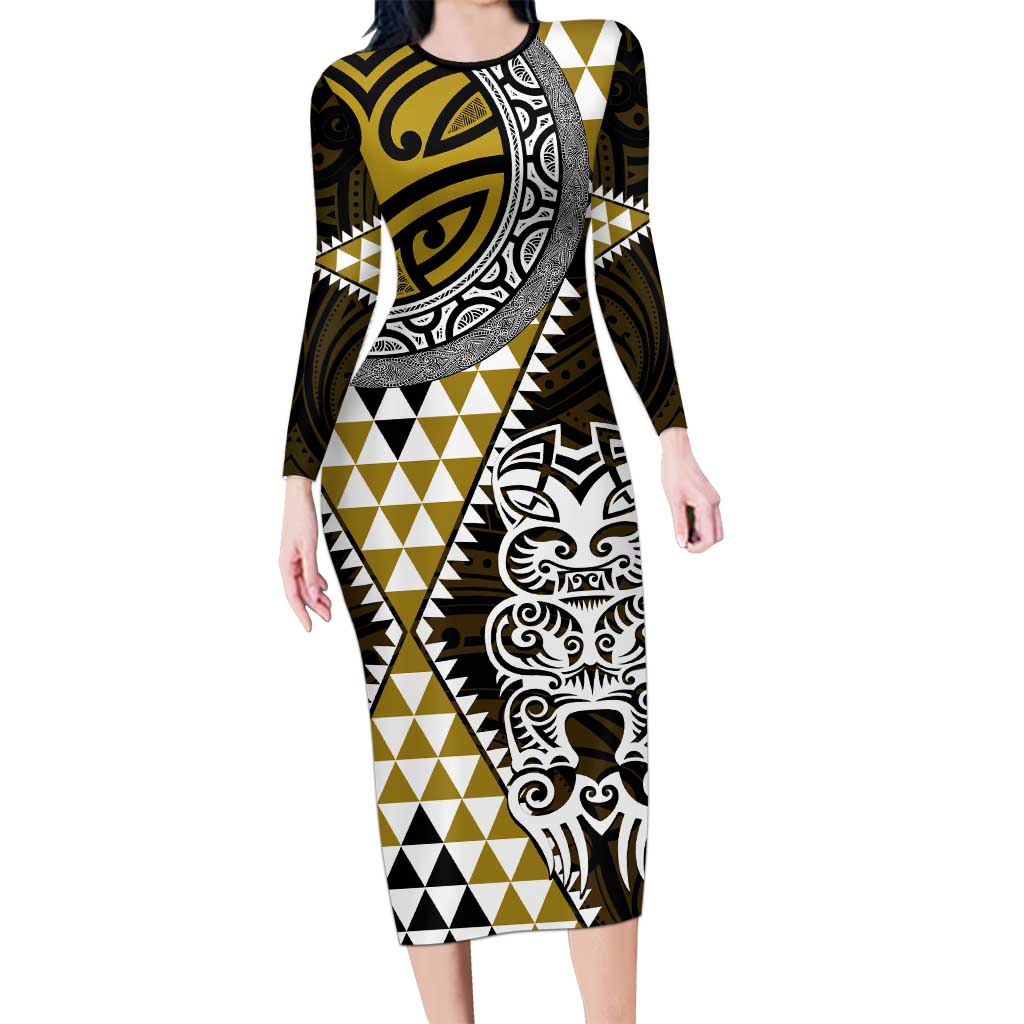 Yellow Aotearoa Niho Taniwha Long Sleeve Bodycon Dress Maori Mythology Tooth - Taniko Motifs