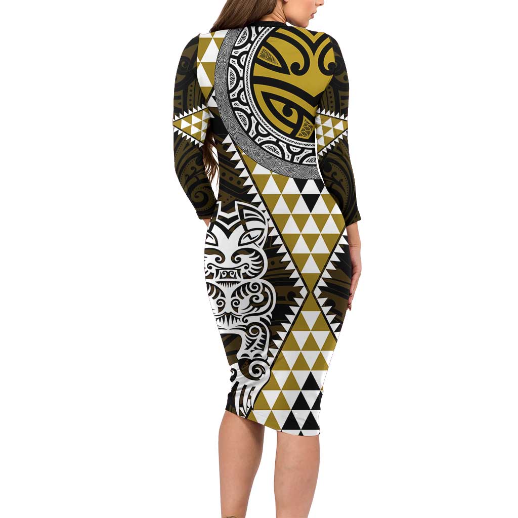 Yellow Aotearoa Niho Taniwha Long Sleeve Bodycon Dress Maori Mythology Tooth - Taniko Motifs