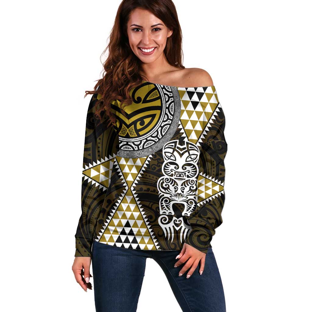 Yellow Aotearoa Niho Taniwha Off Shoulder Sweater Maori Mythology Tooth - Taniko Motifs LT14 Women Yellow - Polynesian Pride