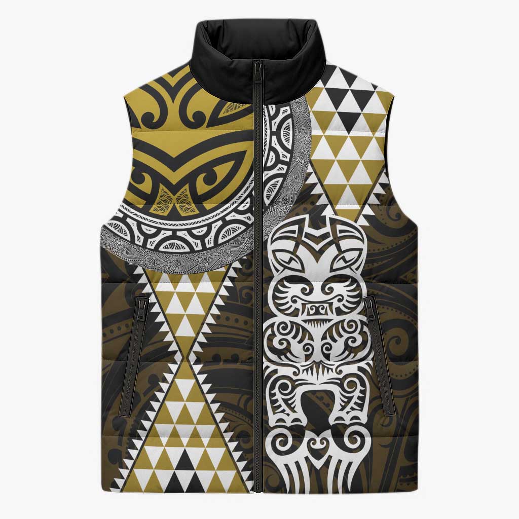 Yellow Aotearoa Niho Taniwha Sleeveless Puffer Jacket Maori Mythology Tooth - Taniko Motifs LT14 Unisex Yellow - Polynesian Pride
