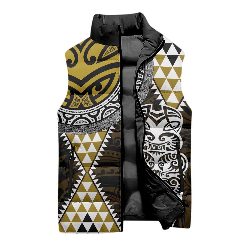Yellow Aotearoa Niho Taniwha Sleeveless Puffer Jacket Maori Mythology Tooth - Taniko Motifs LT14 - Polynesian Pride