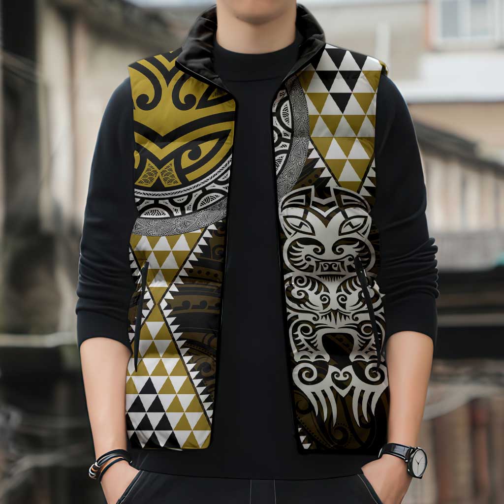 Yellow Aotearoa Niho Taniwha Sleeveless Puffer Jacket Maori Mythology Tooth - Taniko Motifs LT14 - Polynesian Pride