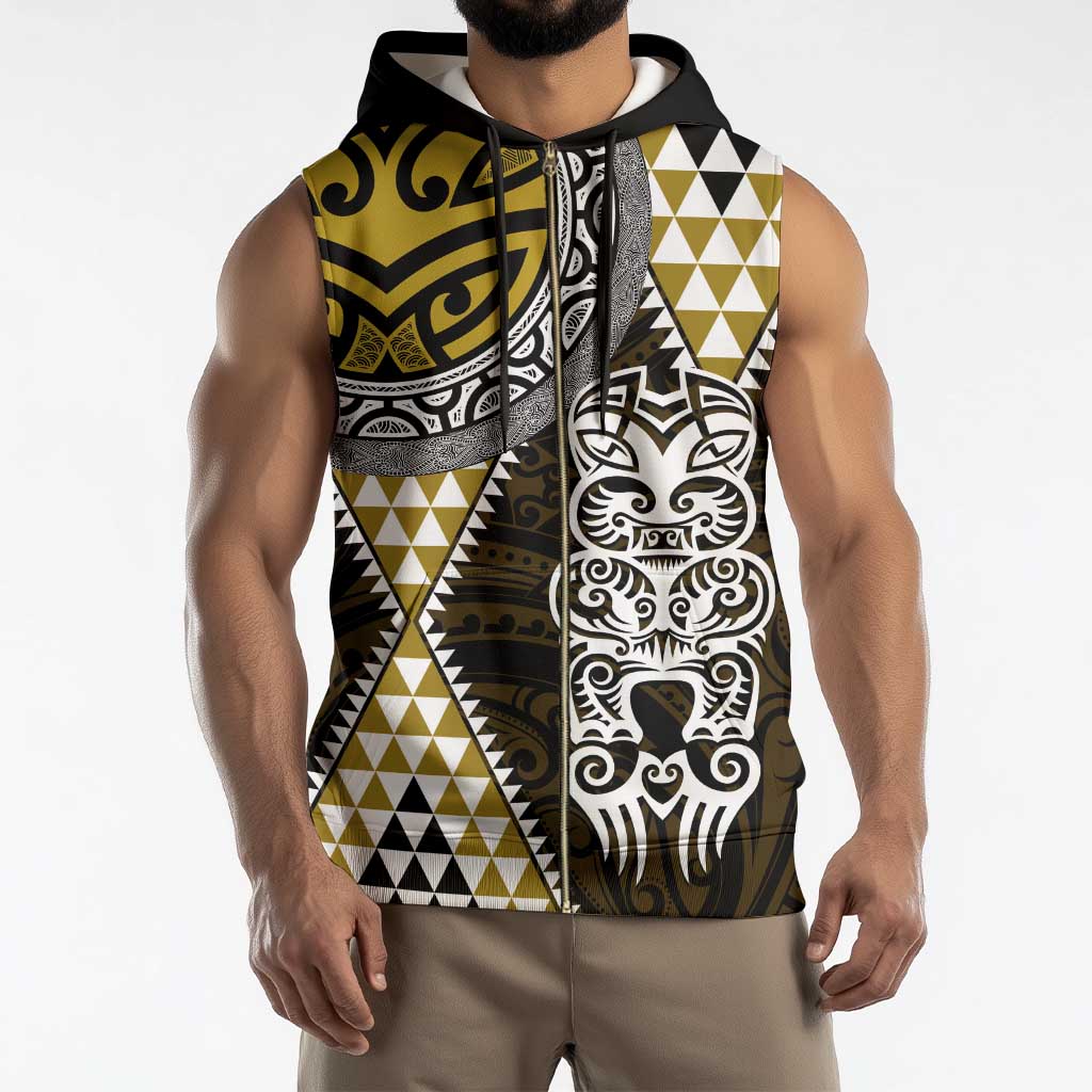 Yellow Aotearoa Niho Taniwha Sleeveless Zip Hoodie Maori Mythology Tooth - Taniko Motifs - Polynesian Pride