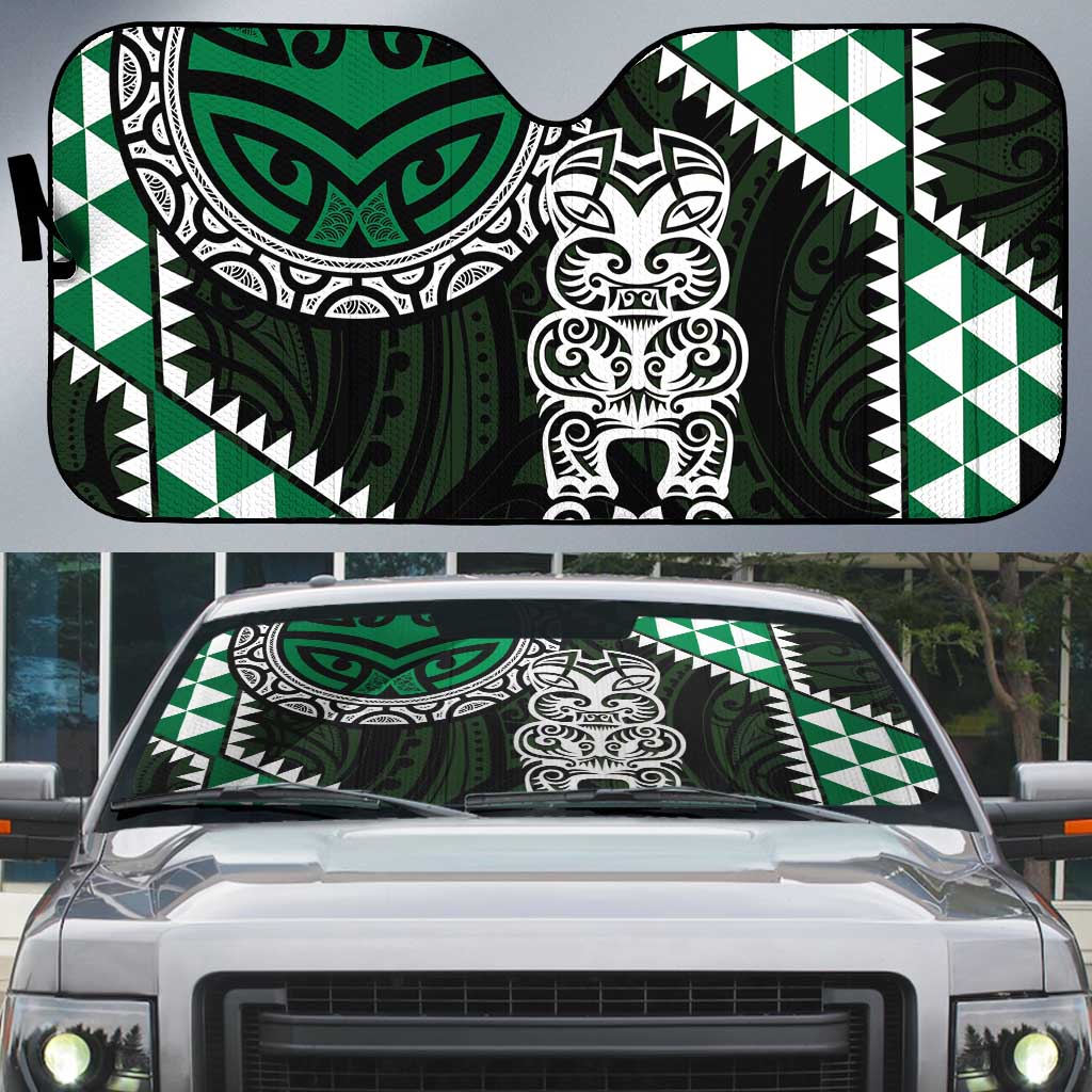 Green Aotearoa Niho Taniwha Auto Sun Shade Maori Mythology Tooth - Taniko Motifs - Polynesian Pride