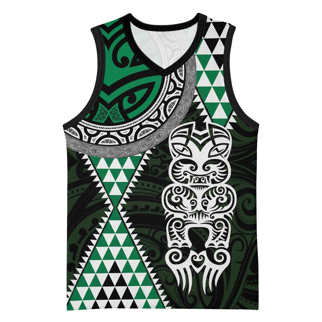 Green Aotearoa Niho Taniwha Basketball Jersey Maori Mythology Tooth - Taniko Motifs - Polynesian Pride