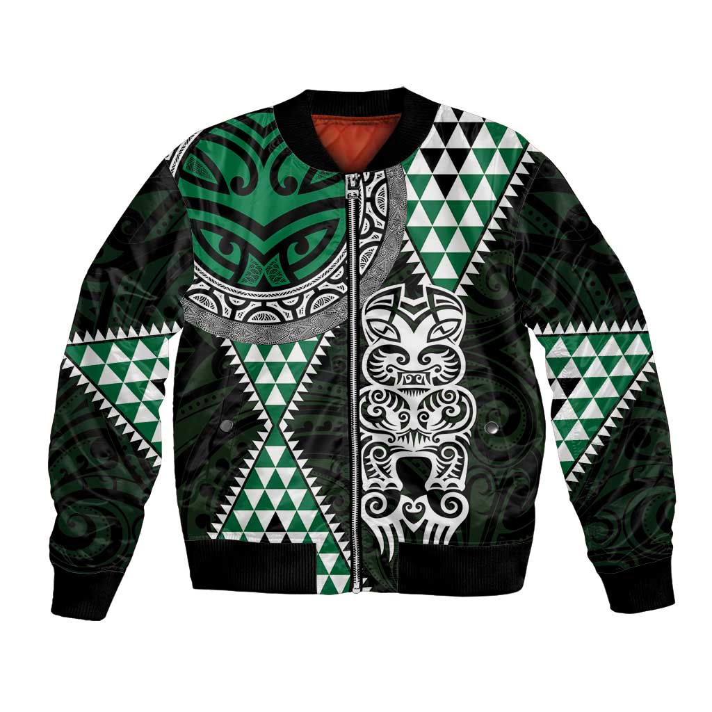 Green Aotearoa Niho Taniwha Bomber Jacket Maori Mythology Tooth - Taniko Motifs LT14 Unisex Green - Polynesian Pride