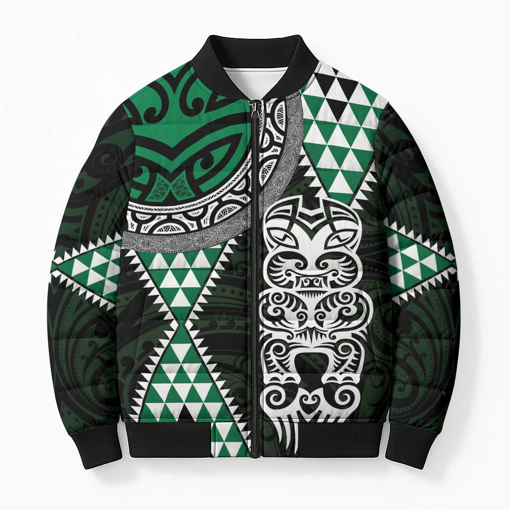 Green Aotearoa Niho Taniwha Bomber Puffer Jacket Maori Mythology Tooth - Taniko Motifs - Polynesian Pride