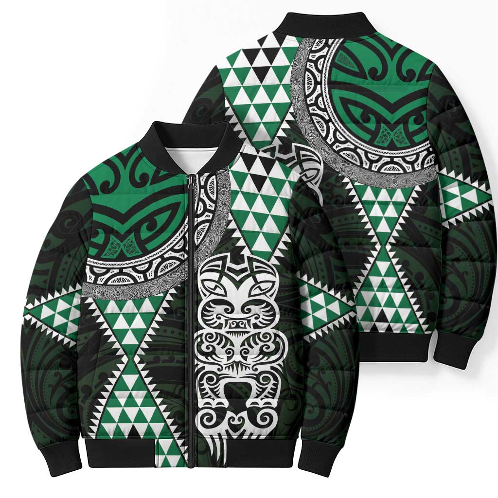 Green Aotearoa Niho Taniwha Bomber Puffer Jacket Maori Mythology Tooth - Taniko Motifs LT14 - Polynesian Pride