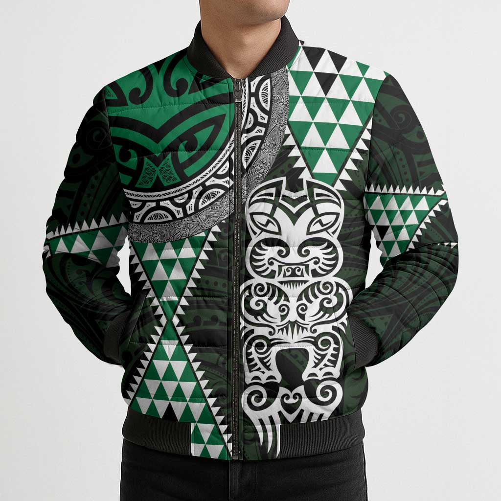 Green Aotearoa Niho Taniwha Bomber Puffer Jacket Maori Mythology Tooth - Taniko Motifs LT14 - Polynesian Pride
