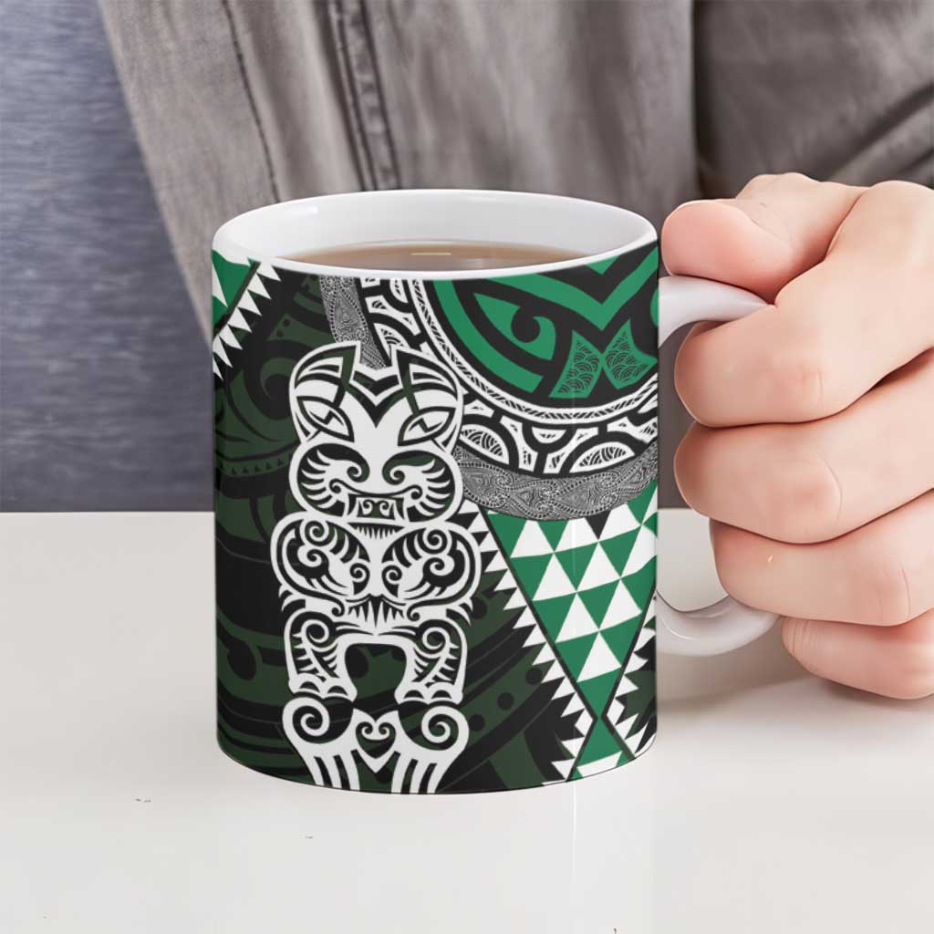 Green Aotearoa Niho Taniwha Ceramic Mug Maori Mythology Tooth - Taniko Motifs - Polynesian Pride