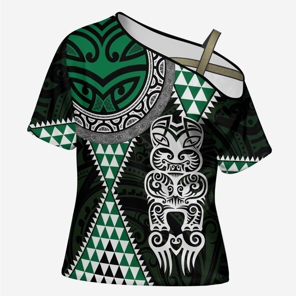 Green Aotearoa Niho Taniwha Cross Shoulder Shirt Maori Mythology Tooth - Taniko Motifs - Polynesian Pride