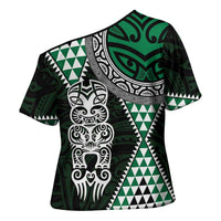Green Aotearoa Niho Taniwha Cross Shoulder Shirt Maori Mythology Tooth - Taniko Motifs LT14 - Polynesian Pride