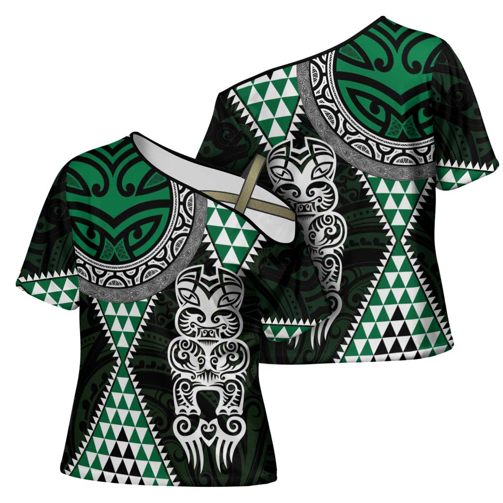 Green Aotearoa Niho Taniwha Cross Shoulder Shirt Maori Mythology Tooth - Taniko Motifs LT14 - Polynesian Pride