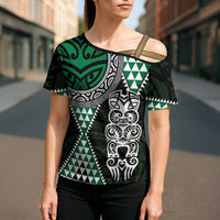 Green Aotearoa Niho Taniwha Cross Shoulder Shirt Maori Mythology Tooth - Taniko Motifs LT14 - Polynesian Pride