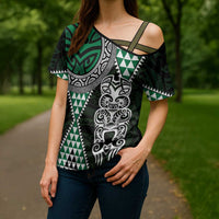 Green Aotearoa Niho Taniwha Cross Shoulder Shirt Maori Mythology Tooth - Taniko Motifs LT14 - Polynesian Pride