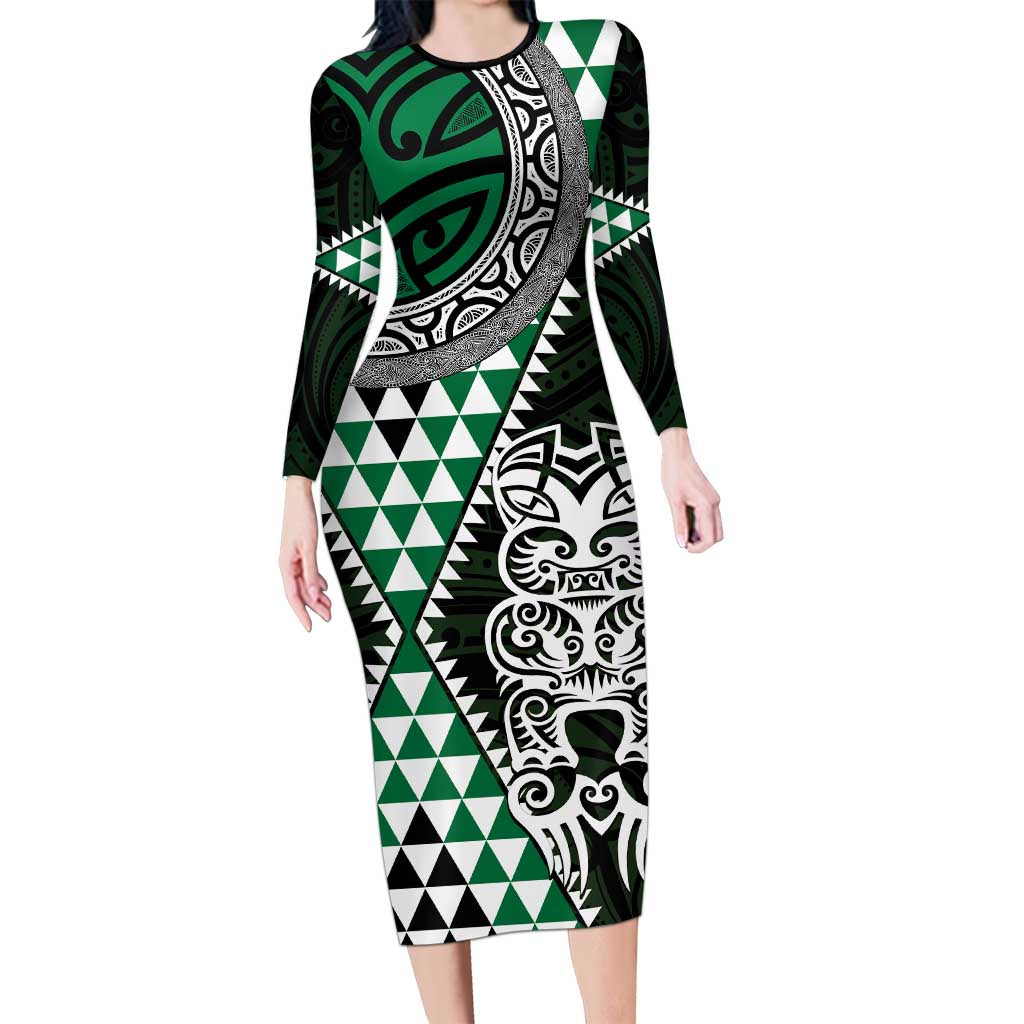 Green Aotearoa Niho Taniwha Family Matching Long Sleeve Bodycon Dress and Hawaiian Shirt Maori Mythology Tooth - Taniko Motifs