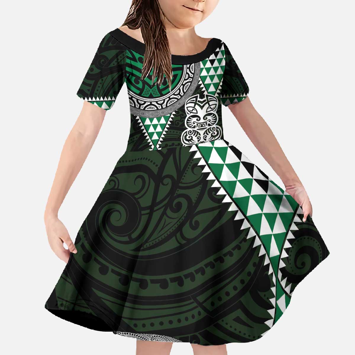 Green Aotearoa Niho Taniwha Family Matching Off The Shoulder Long Sleeve Dress and Hawaiian Shirt Maori Mythology Tooth - Taniko Motifs