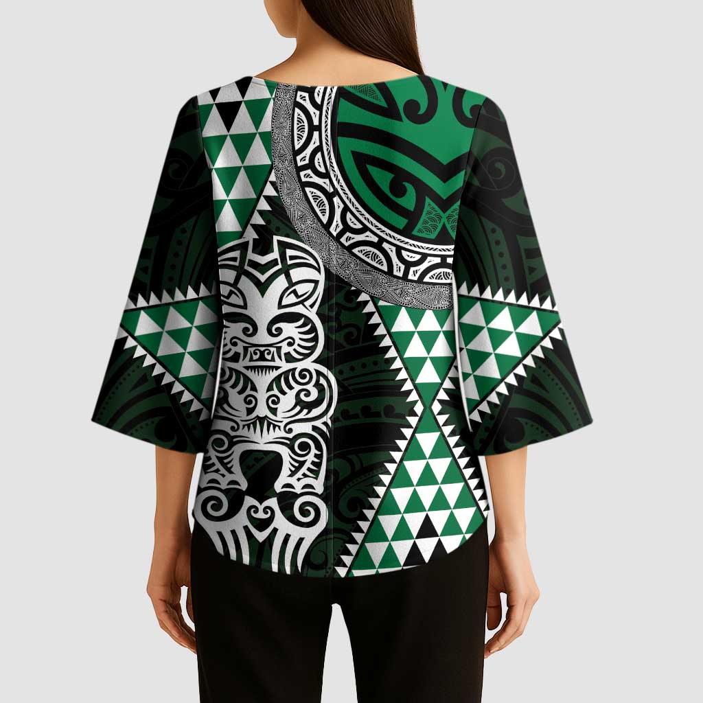 Green Aotearoa Niho Taniwha Kimono Sleeve Blouse Maori Mythology Tooth - Taniko Motifs - Polynesian Pride