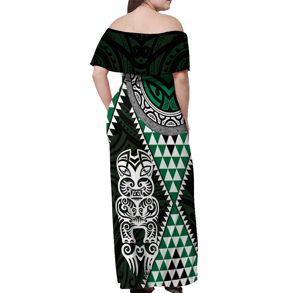 Green Aotearoa Niho Taniwha Off Shoulder Maxi Dress Maori Mythology Tooth - Taniko Motifs