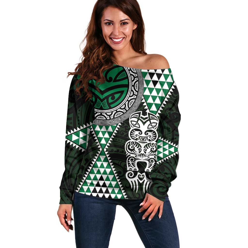 Green Aotearoa Niho Taniwha Off Shoulder Sweater Maori Mythology Tooth - Taniko Motifs LT14 Women Green - Polynesian Pride