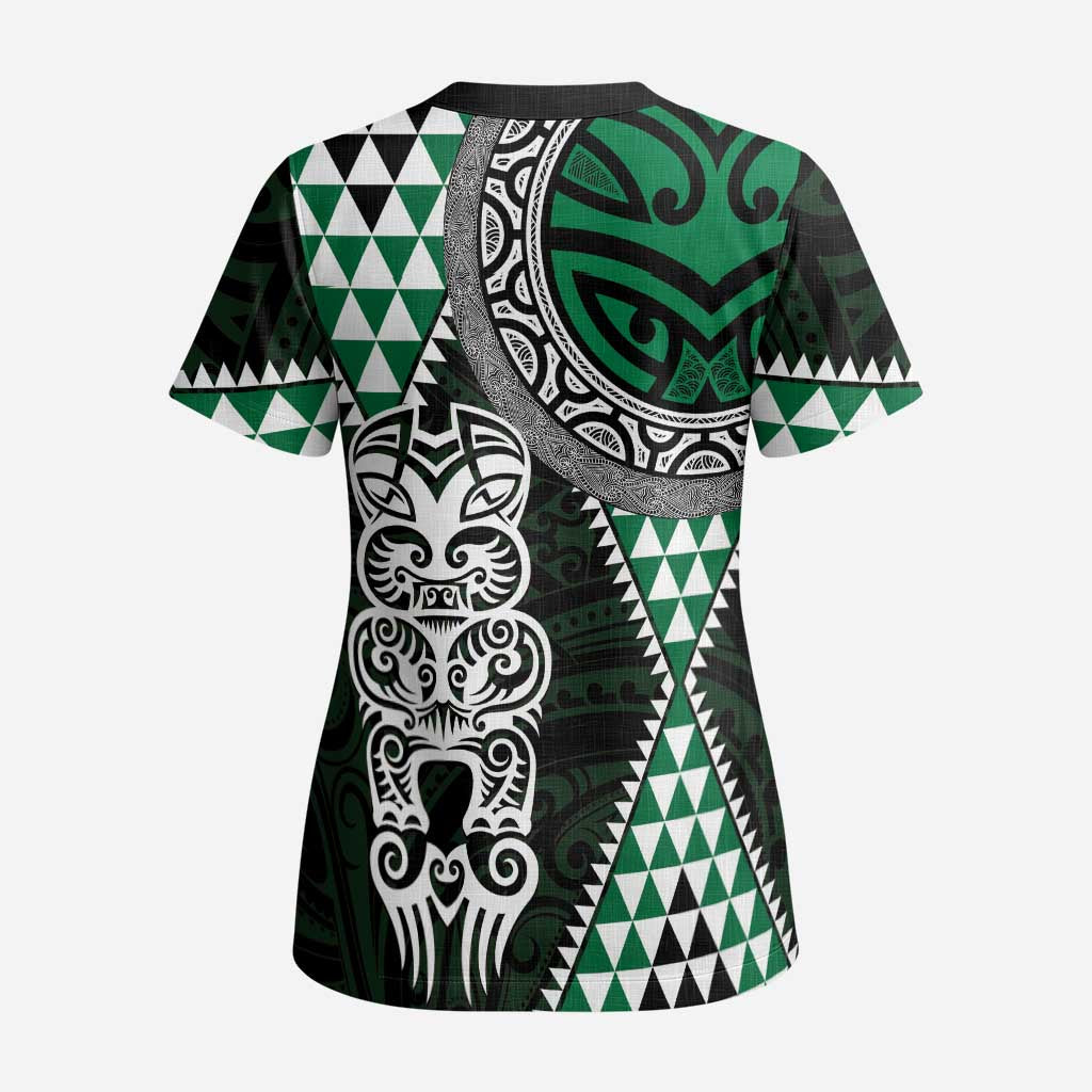 Green Aotearoa Niho Taniwha Scrub Top Maori Mythology Tooth - Taniko Motifs - Polynesian Pride