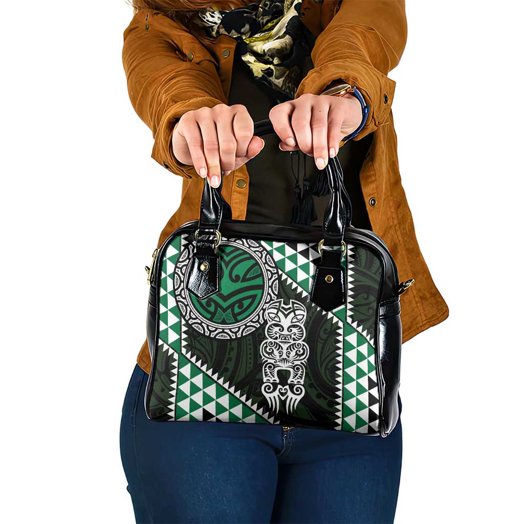 Green Aotearoa Niho Taniwha Shoulder Handbag Maori Mythology Tooth - Taniko Motifs LT14 One Size Green - Polynesian Pride