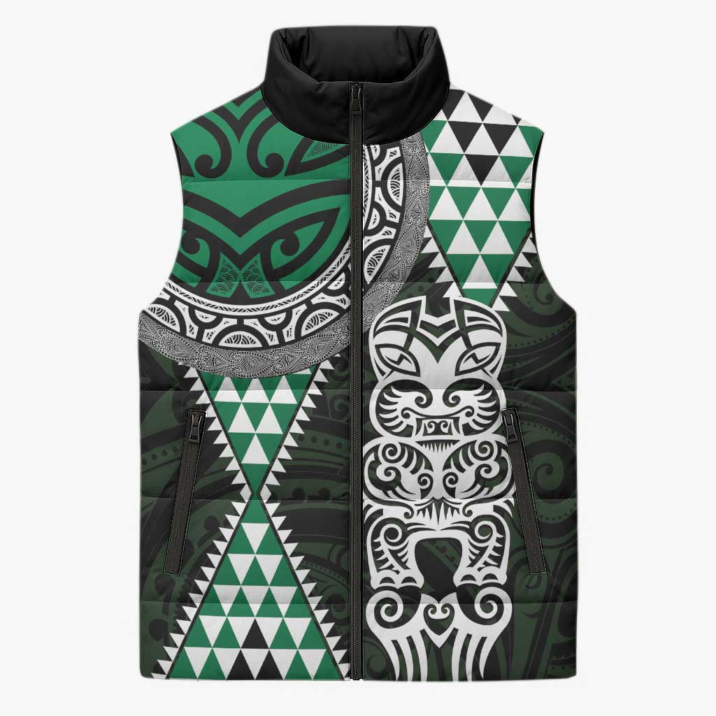 Green Aotearoa Niho Taniwha Sleeveless Puffer Jacket Maori Mythology Tooth - Taniko Motifs LT14 Unisex Green - Polynesian Pride