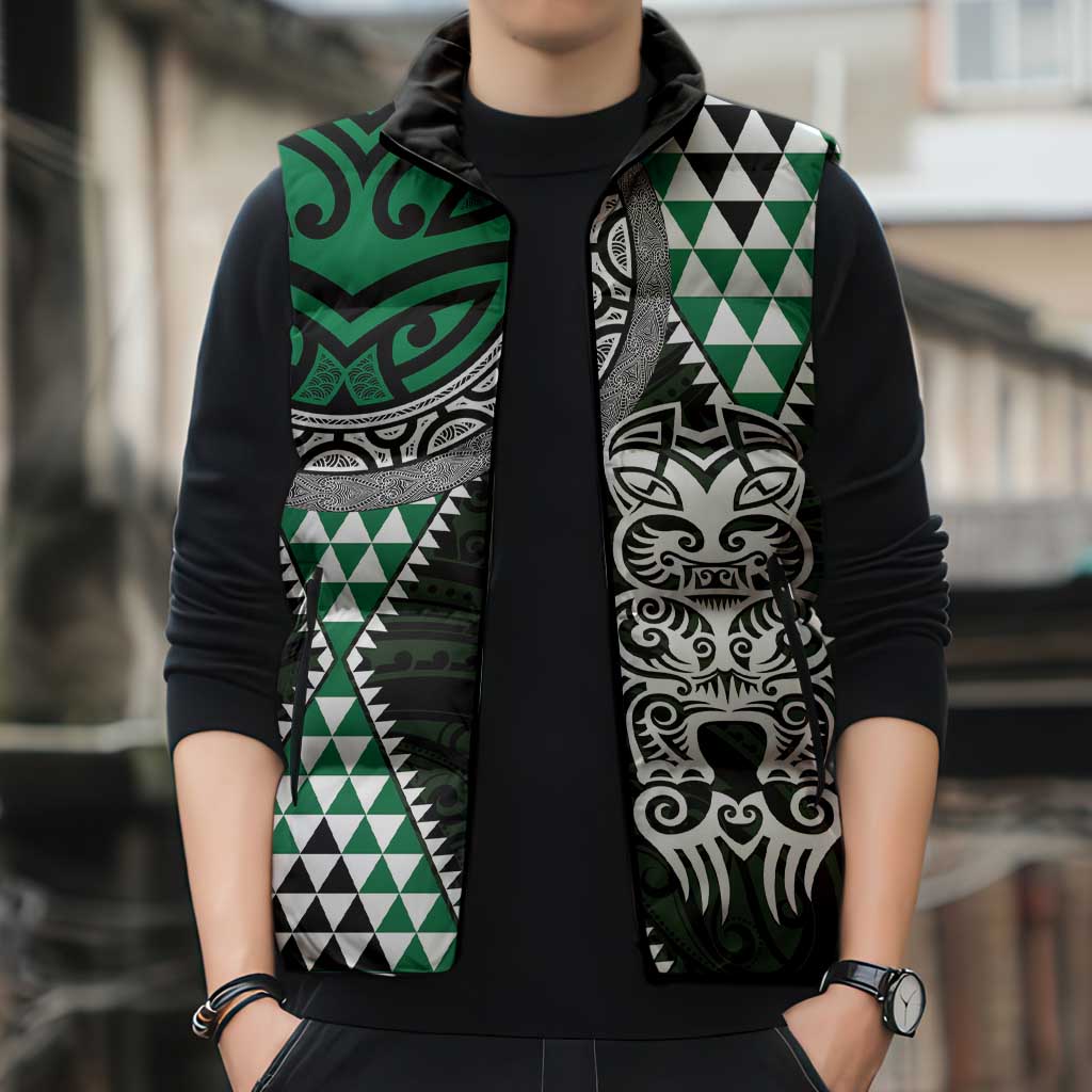 Green Aotearoa Niho Taniwha Sleeveless Puffer Jacket Maori Mythology Tooth - Taniko Motifs LT14 - Polynesian Pride