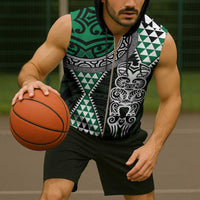 Green Aotearoa Niho Taniwha Sleeveless Zip Hoodie Maori Mythology Tooth - Taniko Motifs - Polynesian Pride