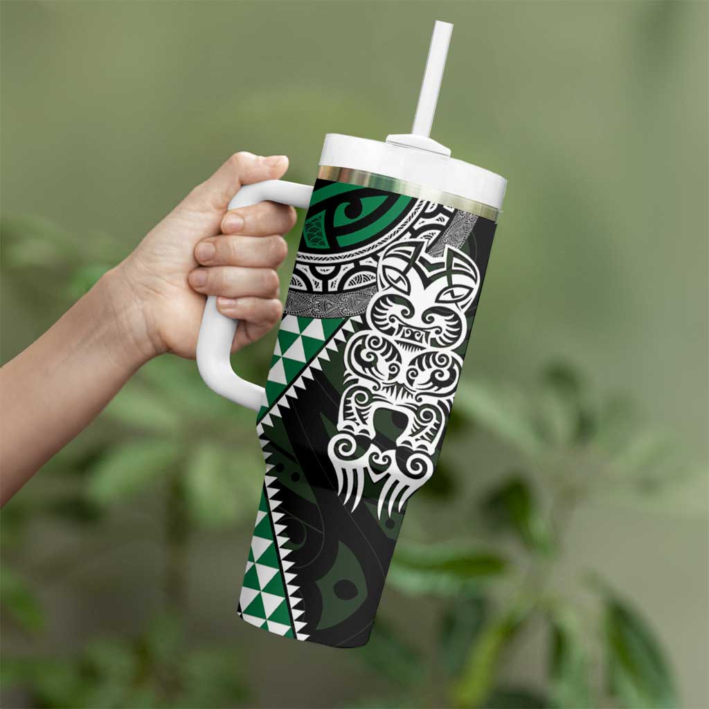 Green Aotearoa Niho Taniwha Tumbler With Handle Maori Mythology Tooth - Taniko Motifs LT14 - Polynesian Pride