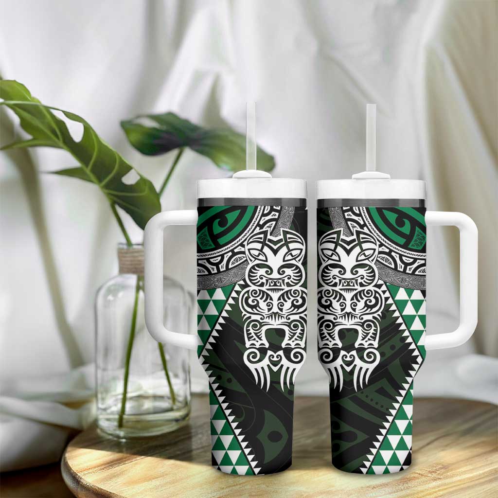 Green Aotearoa Niho Taniwha Tumbler With Handle Maori Mythology Tooth - Taniko Motifs LT14 - Polynesian Pride