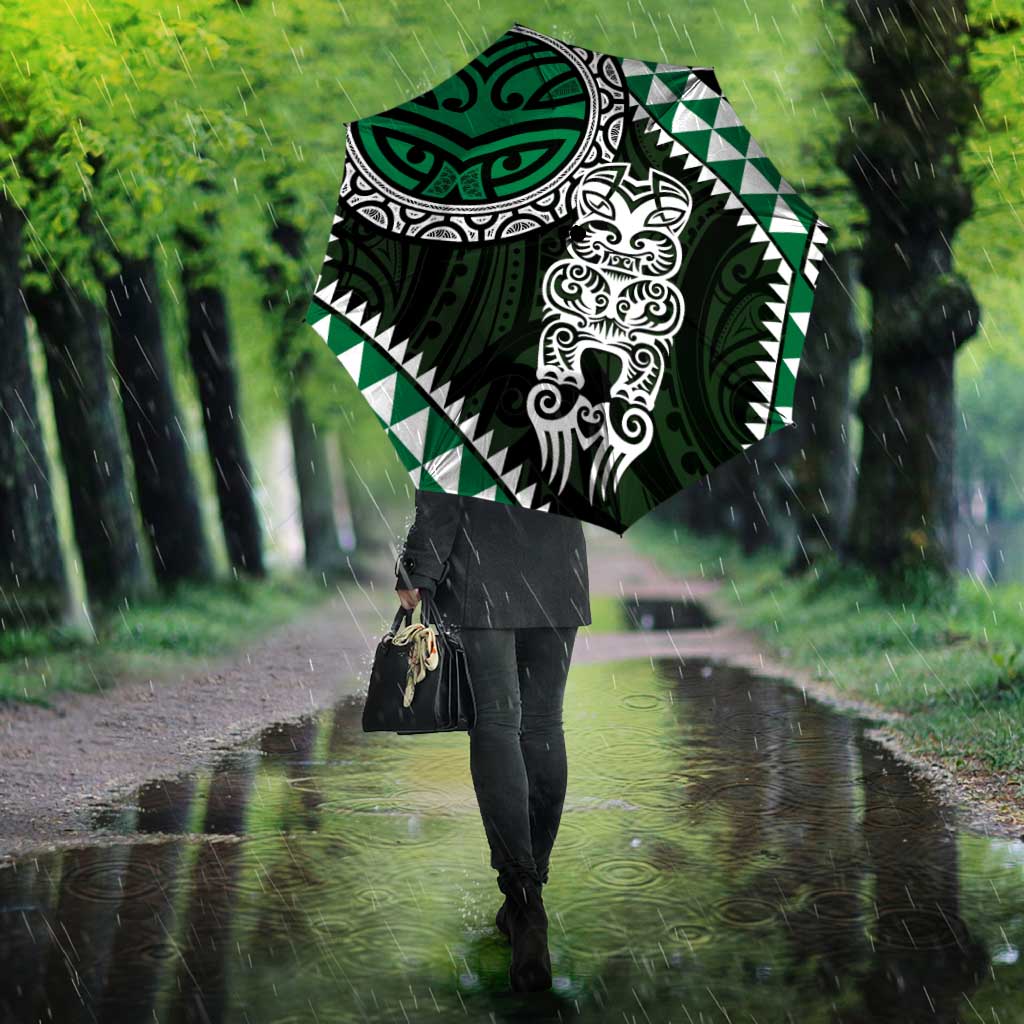 Green Aotearoa Niho Taniwha Umbrella Maori Mythology Tooth - Taniko Motifs - Polynesian Pride