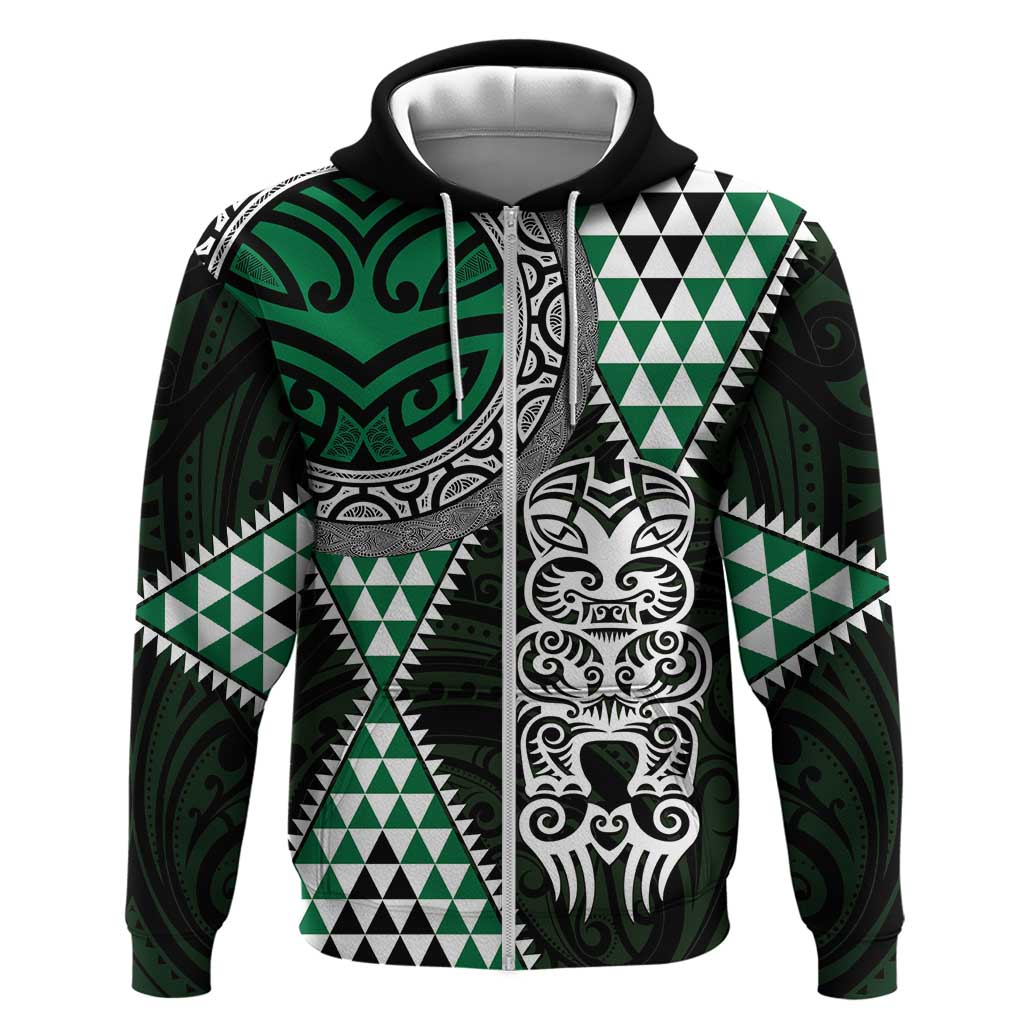 Green Aotearoa Niho Taniwha Zip Hoodie Maori Mythology Tooth - Taniko Motifs LT14 Zip Hoodie Green - Polynesian Pride