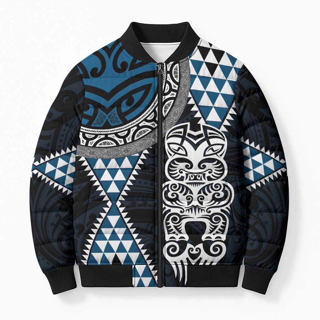 Blue Aotearoa Niho Taniwha Bomber Puffer Jacket Maori Mythology Tooth - Taniko Motifs - Polynesian Pride