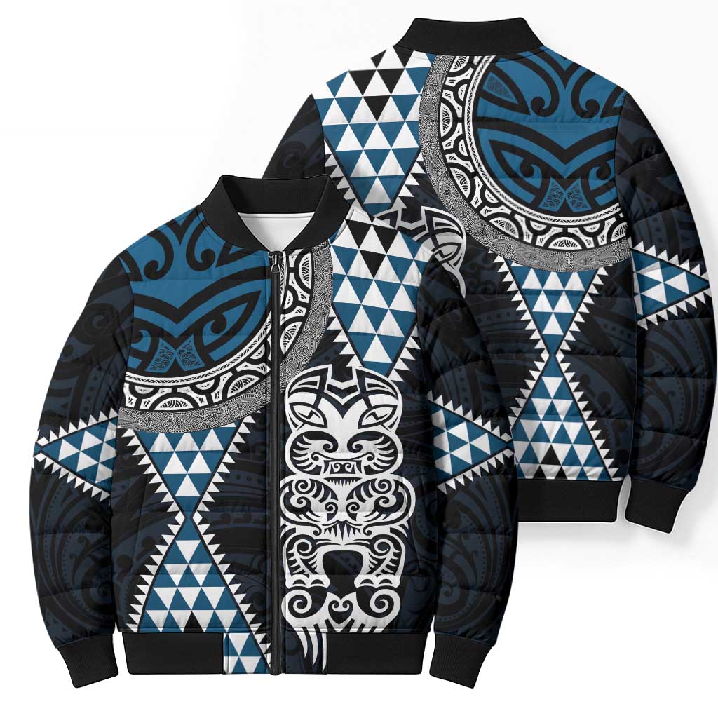 Blue Aotearoa Niho Taniwha Bomber Puffer Jacket Maori Mythology Tooth - Taniko Motifs LT14 - Polynesian Pride