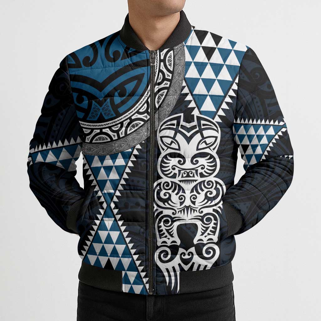 Blue Aotearoa Niho Taniwha Bomber Puffer Jacket Maori Mythology Tooth - Taniko Motifs LT14 - Polynesian Pride