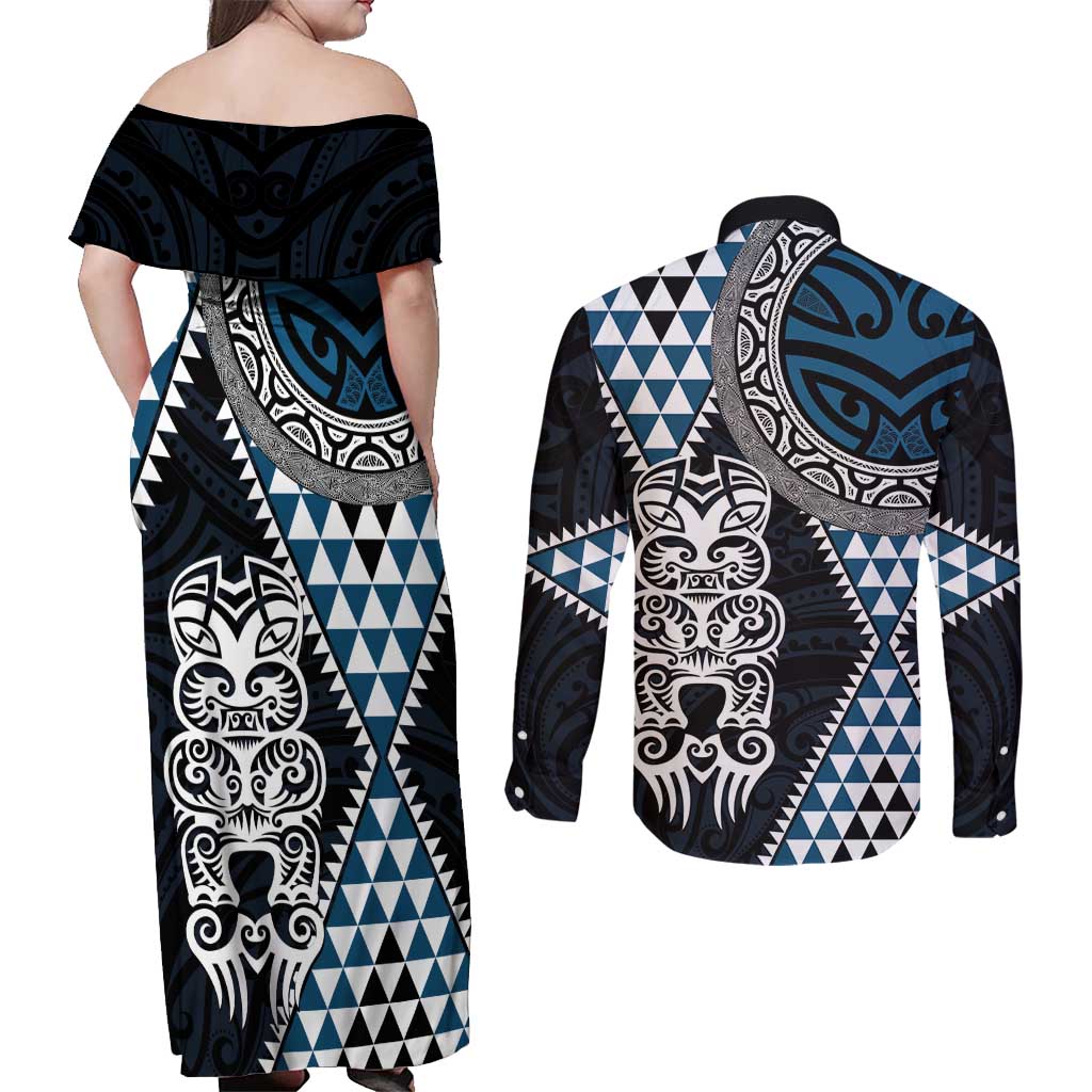 Blue Aotearoa Niho Taniwha Couples Matching Off Shoulder Maxi Dress and Long Sleeve Button Shirt Maori Mythology Tooth - Taniko Motifs