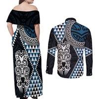 Blue Aotearoa Niho Taniwha Couples Matching Off Shoulder Maxi Dress and Long Sleeve Button Shirt Maori Mythology Tooth - Taniko Motifs