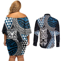 Blue Aotearoa Niho Taniwha Couples Matching Off Shoulder Short Dress and Long Sleeve Button Shirt Maori Mythology Tooth - Taniko Motifs