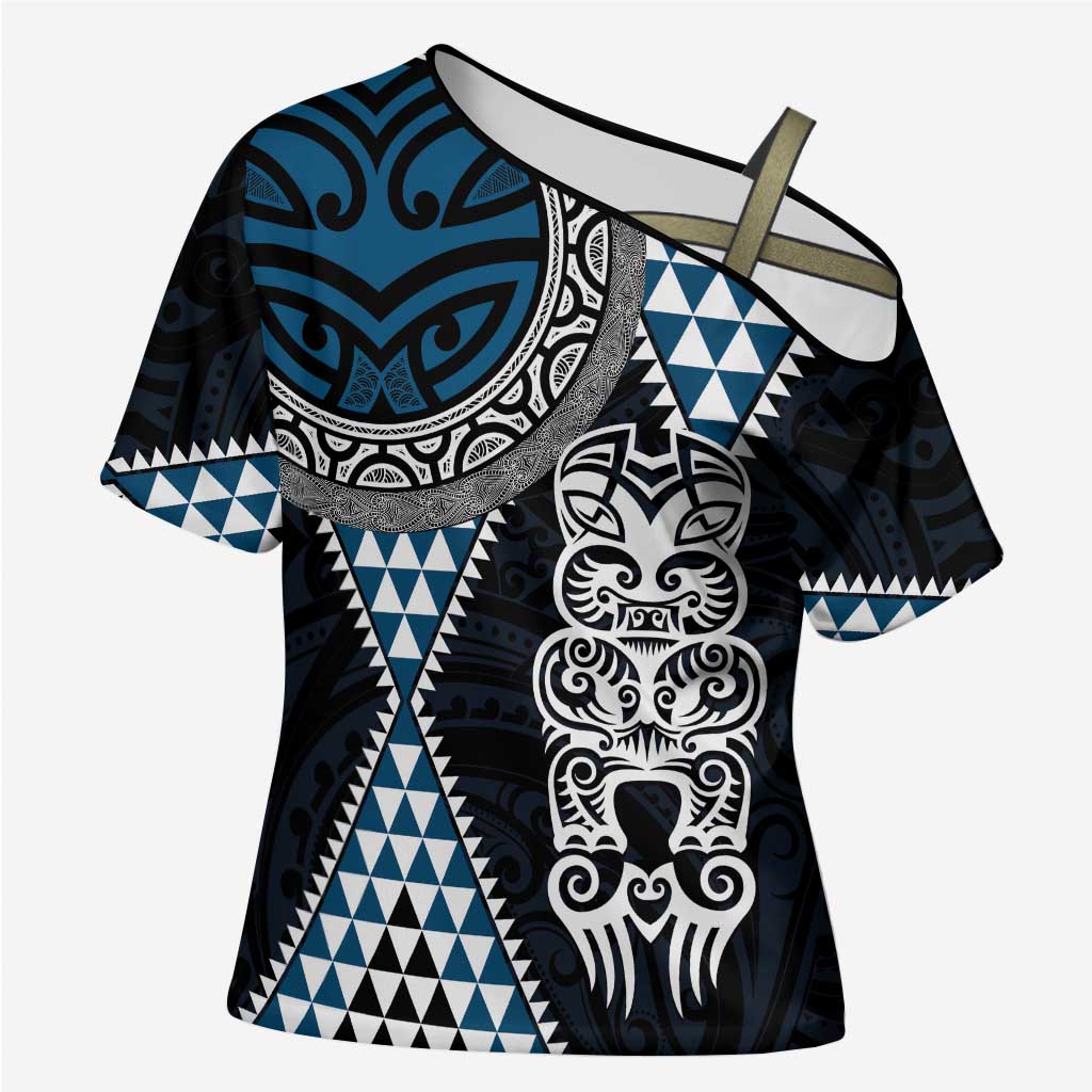 Blue Aotearoa Niho Taniwha Cross Shoulder Shirt Maori Mythology Tooth - Taniko Motifs LT14 Female Blue - Polynesian Pride