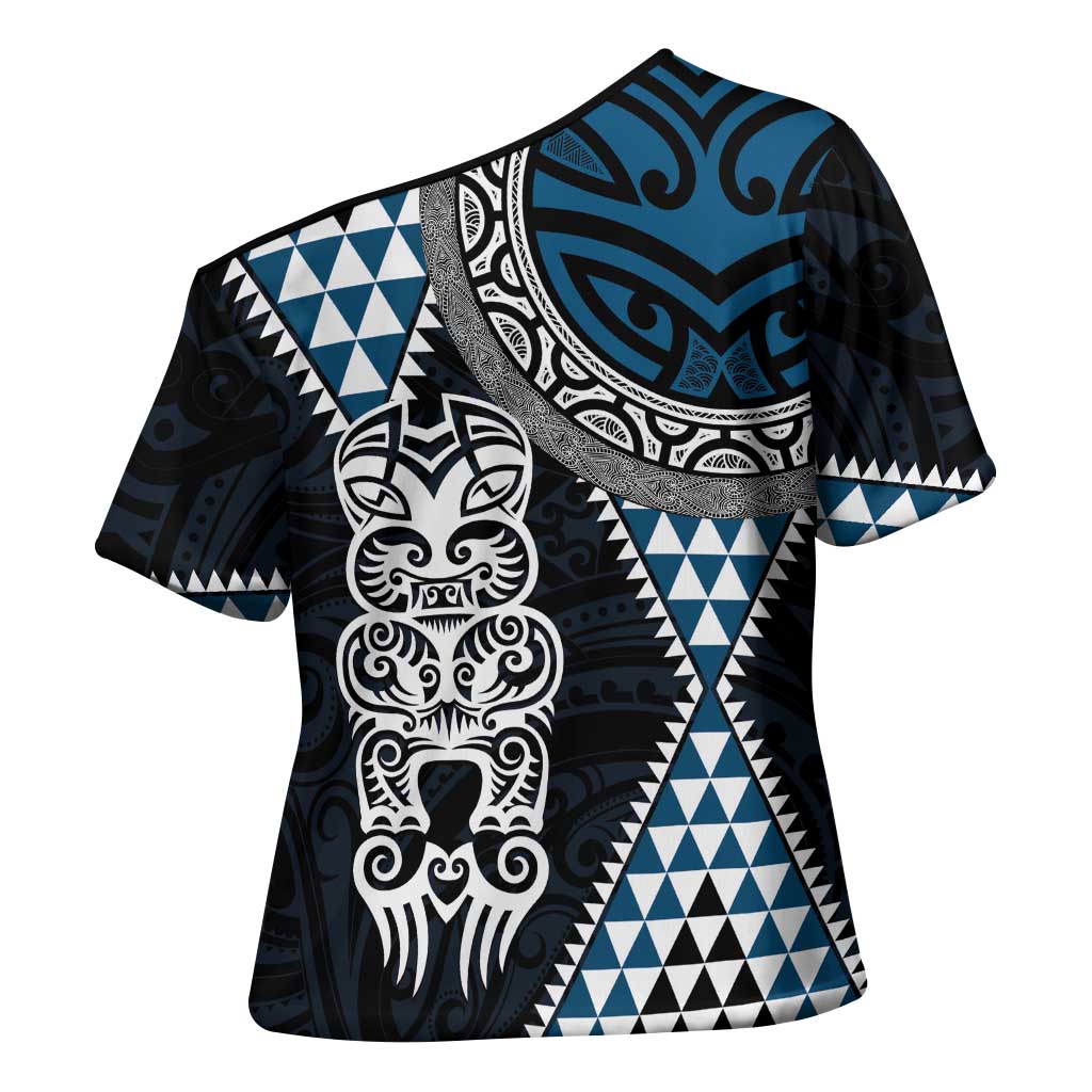Blue Aotearoa Niho Taniwha Cross Shoulder Shirt Maori Mythology Tooth - Taniko Motifs LT14 - Polynesian Pride