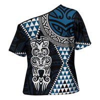 Blue Aotearoa Niho Taniwha Cross Shoulder Shirt Maori Mythology Tooth - Taniko Motifs LT14 - Polynesian Pride
