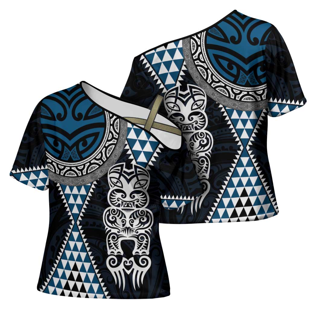 Blue Aotearoa Niho Taniwha Cross Shoulder Shirt Maori Mythology Tooth - Taniko Motifs LT14 - Polynesian Pride
