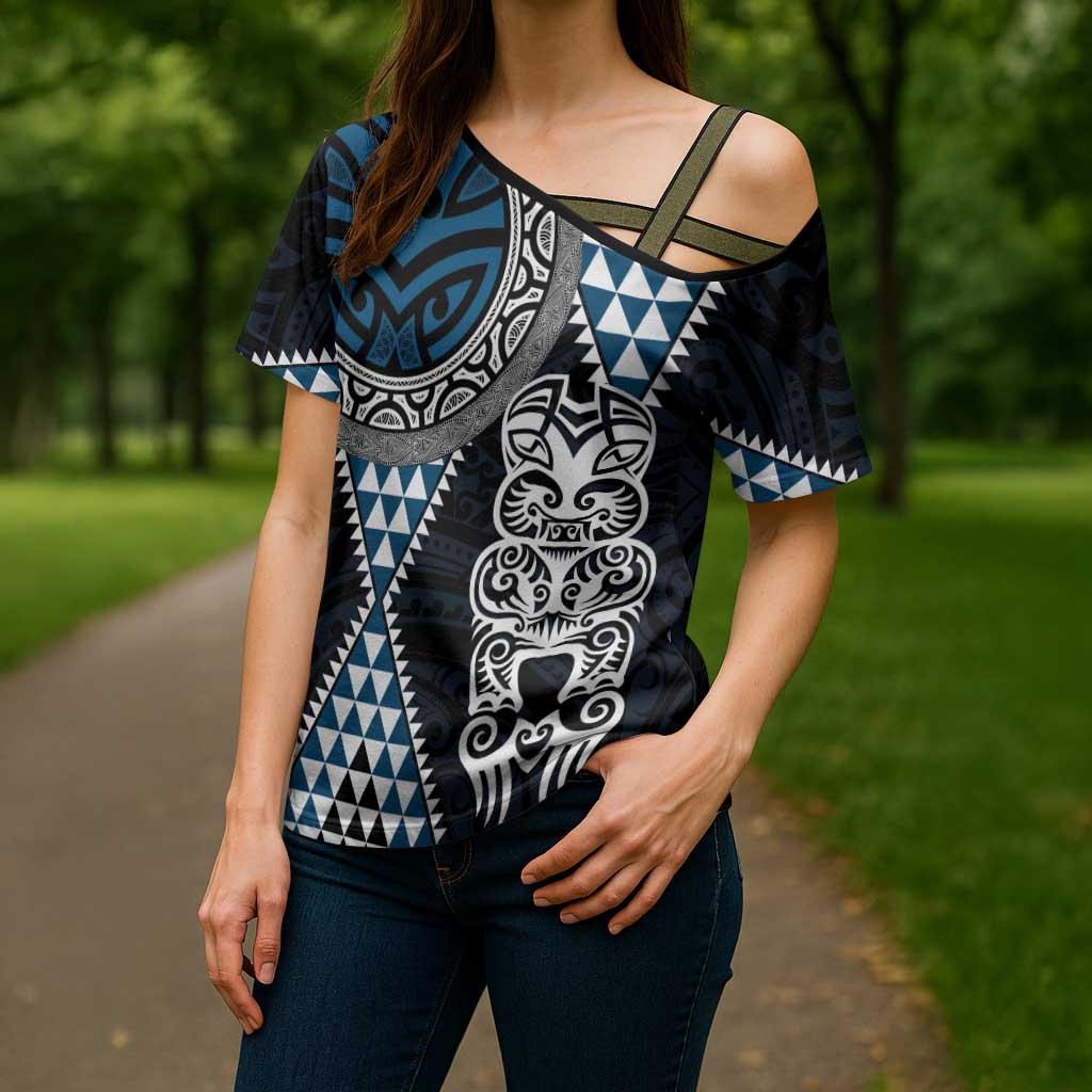 Blue Aotearoa Niho Taniwha Cross Shoulder Shirt Maori Mythology Tooth - Taniko Motifs LT14 - Polynesian Pride