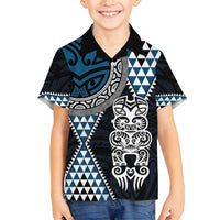 Blue Aotearoa Niho Taniwha Family Matching Off Shoulder Maxi Dress and Hawaiian Shirt Maori Mythology Tooth - Taniko Motifs
