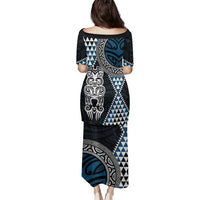 Blue Aotearoa Niho Taniwha Family Matching Puletasi and Hawaiian Shirt Maori Mythology Tooth - Taniko Motifs