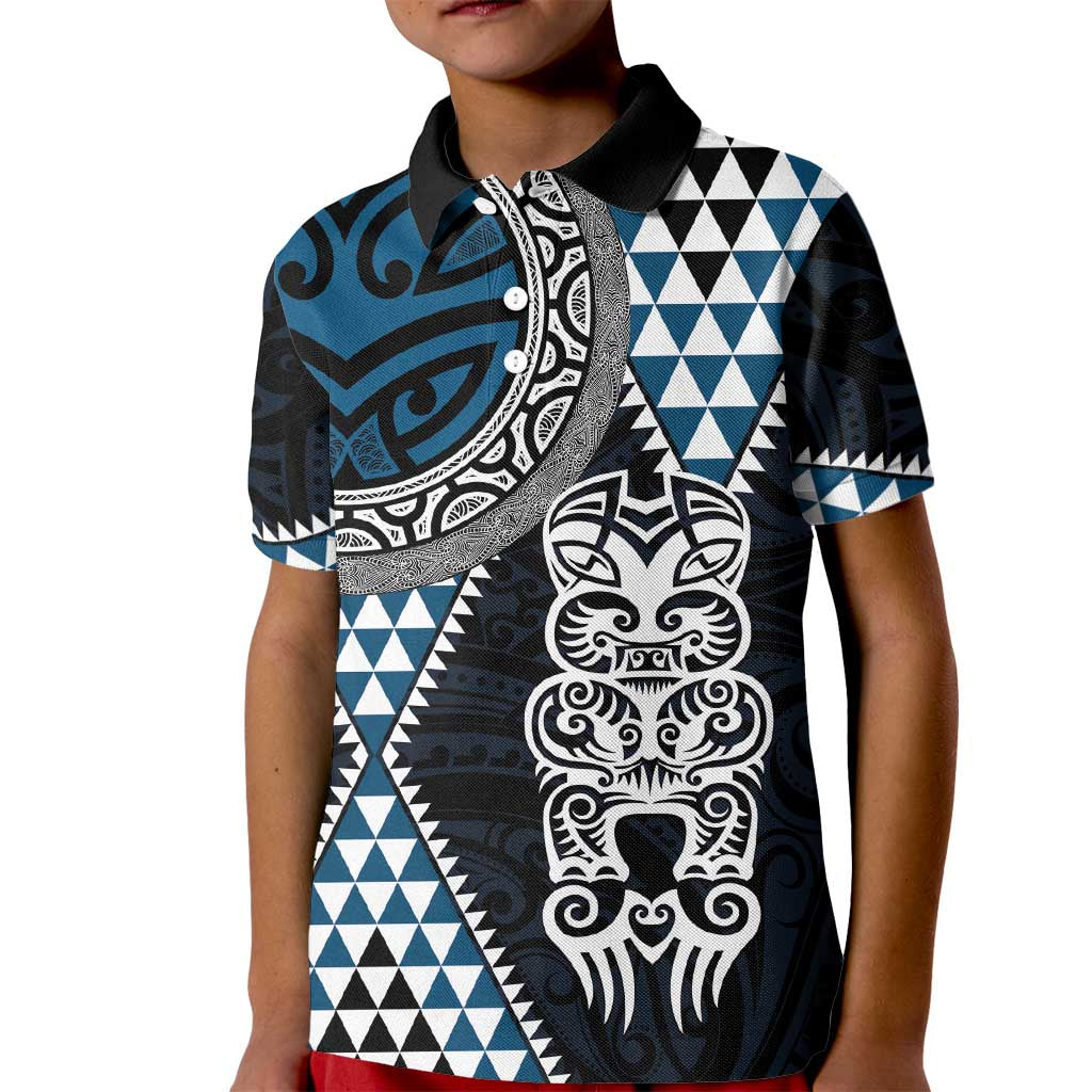 Blue Aotearoa Niho Taniwha Kid Polo Shirt Maori Mythology Tooth - Taniko Motifs LT14 Kid Blue - Polynesian Pride